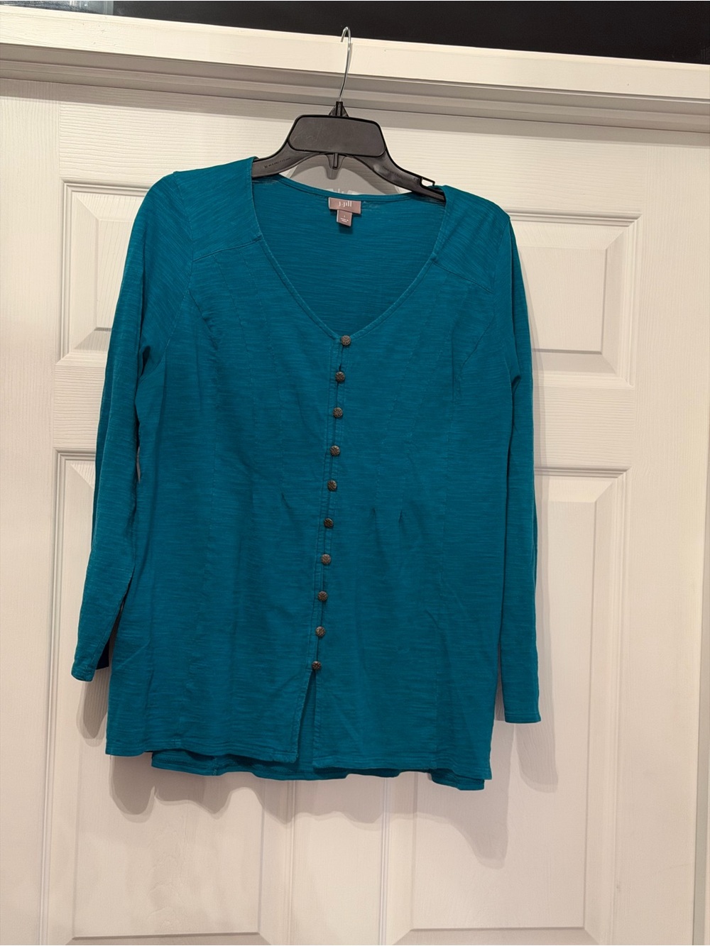 J. Jill solid blue long sleeve v neck button up blouse Large